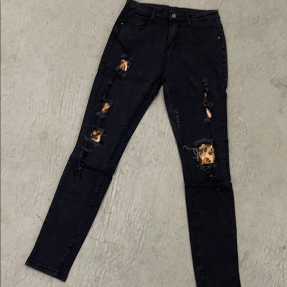 Leopard High Waist Distressed Black Denim Jeans Stretch - Picture 6 of 9